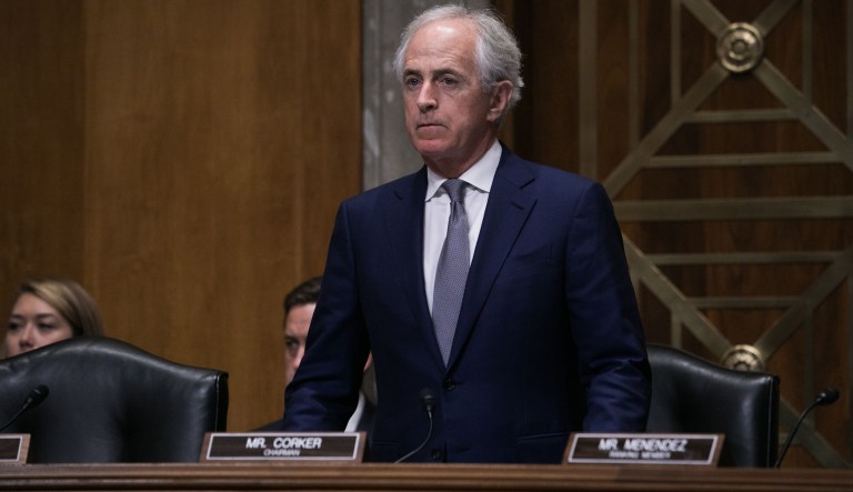 Senate Foreign Relations Committee Chairman Senator Bob Corker, R-TN, looks on while Secretary of State Mike Pompeo testifies before the Committee on Capitol Hill, Thursday, May 24, 2018, just after President Donald Trump canceled the June 12 summit with North Korea's Kim Jong Un.