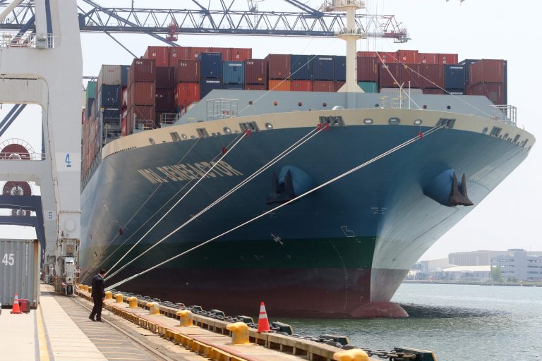 The MOL Benefactor is unloaded in Bayonne, N.J., one of the few ports able to accept such mega-vessels. (Chris Pedota/Northjersey.com via AP)