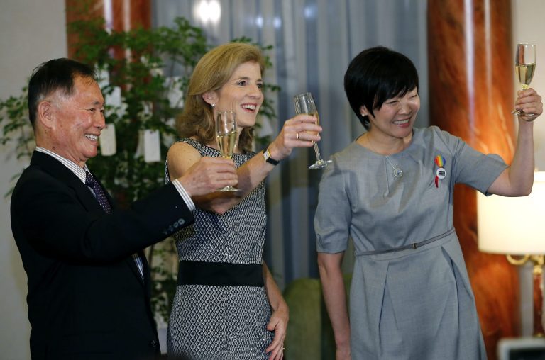 Actor George Takei, left, U.S. Ambassador to Japan Caroline Kennedy, center, and Japanese Prime Minister Shinzo Abe's wife Akie Abe toast during a reception at Kennedy's official residence Thursday, June 5, 2014, in Tokyo. Takei said he needed courage and anger to come out as gay and to join the equal rights movement for sexual minorities in the U.S., and he hopes his Japanese counterparts will do the same to make their society more equal. Takei, 77, is in Japan to attend embassy-organized events marking Lesbian, Gay, Bisexual and Transgender Pride Month in the U.S.  (AP Photo/Shizuo Kambayashi, Pool)