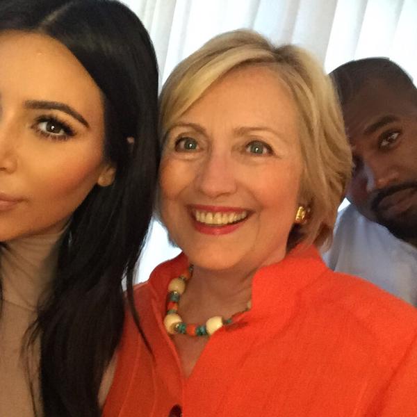 Kim Kardashian and hubby Kanye West in Hillary Clinton selfie.