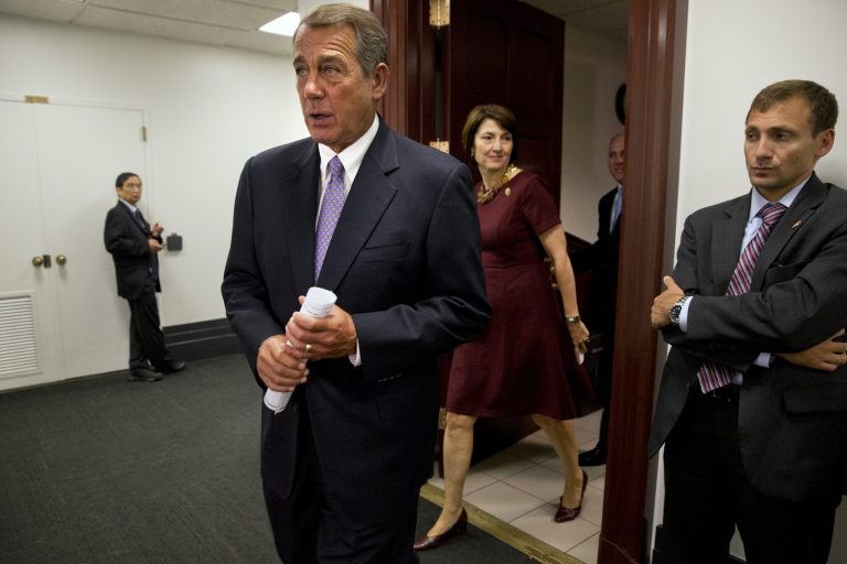 House Speaker John Boehner walks into a news conference about the Iran deal. (AP Photo/Jacquelyn Martin)