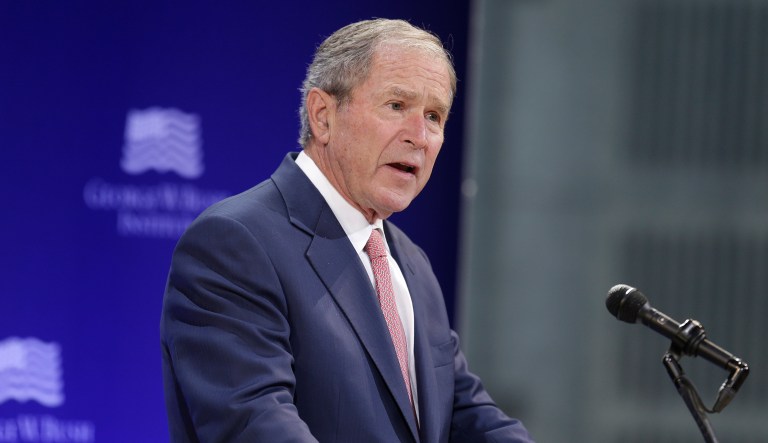Former U.S. President George W. Bush speaks at a forum sponsored by the George W. Bush Institute in New York, Thursday, Oct. 19, 2017.