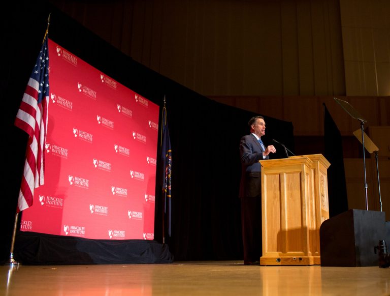 Mitt Romney, former governor of Massachusetts and former 2012 Republican presidential nominee, speaks at the Hinckley Institute of Politics at the University of Utah in Salt Lake City, Utah, on March 3. (Cayce Clifford/Bloomberg)