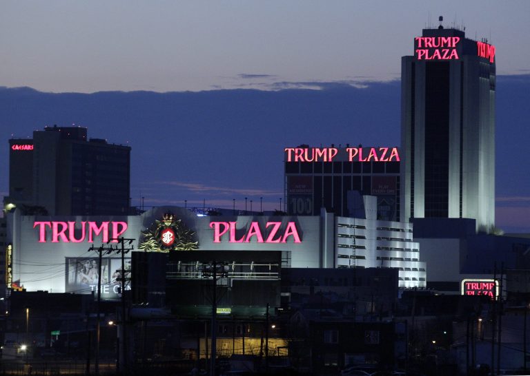 FILE - This Feb. 29, 2012 file photo shows the Trump Plaza Hotel and Casino and Caesars Atlantic City Hotel and Casino, left back, in Atlantic City, N.J. The rapid disintegration of Atlantic City's casino market might be an early indicator of what could happen in other parts of the country that have too many casinos and not enough gamblers. (AP Photo/Mel Evans, File)