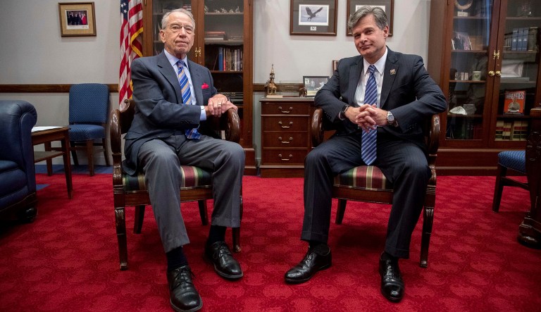 Sen. Chuck Grassley, R-Iowa, left, meets with FBI Director nominee Christopher Wray, right, in his office on Capitol Hill in Washington, Thursday, June 29, 2017. (AP Photo/Andrew Harnik)