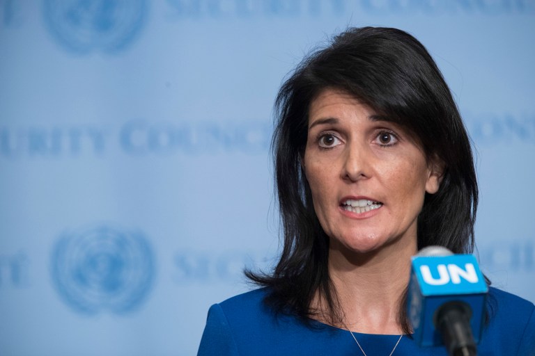 United States Ambassador to the United Nations Nikki Haley urged President Trump not to dismiss the intelligence community's findings that Russia ran an influence campaign on the presidential election in his favor. (AP Photo/Mary Altaffer)