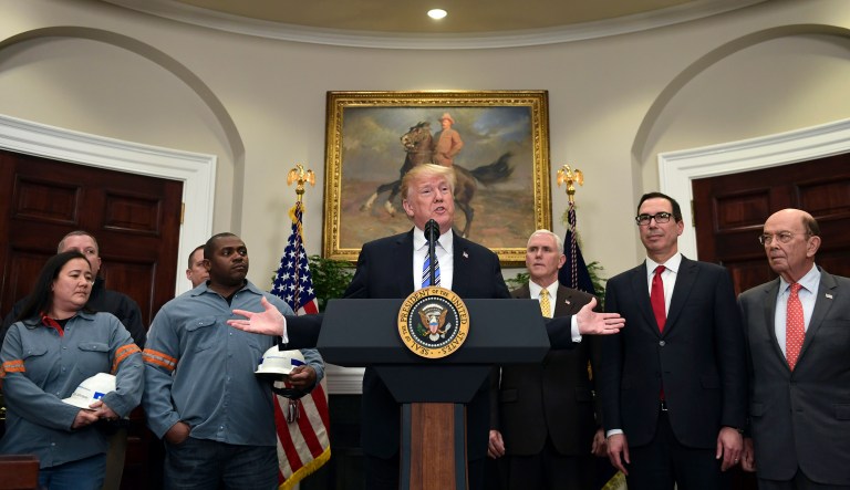 President Trump speaks before signing two proclamations, one on steel imports and one on aluminum imports. (AP Photo/Susan Walsh)