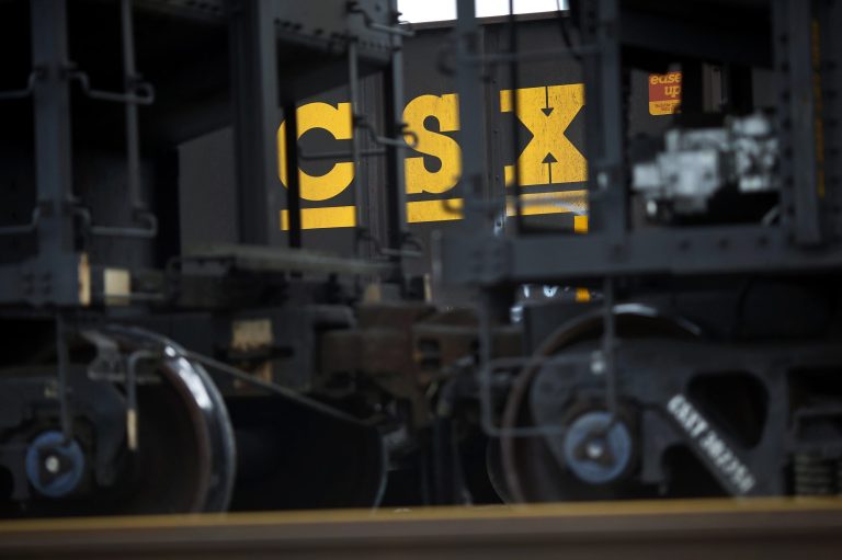 In this March 21, 2014 picture, CSX hopper cars sit in a yard in Baltimore. CSX reports quarterly financial results on Tuesday, Oct. 14, 2014. (AP Photo/Patrick Semansky)