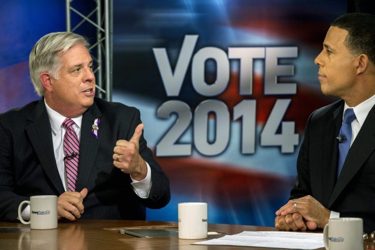 Maryland gubernatorial candidates Larry Hogan, left, and Maryland Lt. Gov. Anthony Brown  debate during the Maryland G\gubernatorial debate at News Channel 8 in Arlington, Va., Monday, Oct. 13, 2014. Brown and Larry Hogan spent much of their second debate trading accusations and focusing on weaknesses. (AP Photo/The Washington Post, Melina Mara, Pool)