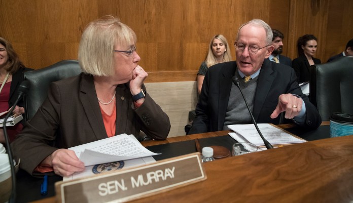 Sen. Patty Murray, D-Wash., (left) and Sen. Lamar Alexander, R-Tenn., (right) of the Senate Health, Education, Labor, and Pensions Committee are two of the Advancing Cutting-Edge Research Act's cosponsors. It would give the National Institutes of Health more flexible authority to conduct research on how to address the opioid epidemic. (AP Photo/J. Scott Applewhite)