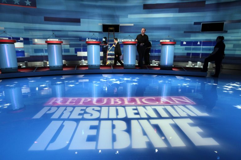 Preparations continue for the FOX News/Wall Street Journal GOP Presidential Debate in Myrtle Beach, S.C., Monday, Jan. 16, 2012. (AP Photo/Charles Dharapak)