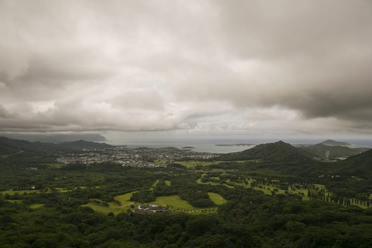East Oahu is seen from the Pali Outlook, Saturday, Aug. 9, 2014, in Honolulu. (AP Photo/Marco Garcia)