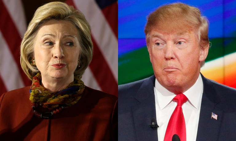 Donald Trump sneers at Hillary Clinton for her cynical evasions on trade, but he has a similar history on the issue. (AP Photos)