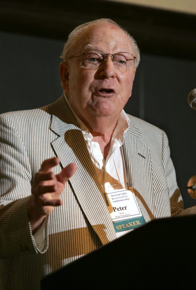 In this photo taken in September 2005, Peter Wege addresses the first annual Great Lakes restoration conference at the Amway Grand Plaza Hotel in Grand Rapids, Mich. Wege, heir to the Steelcase Inc. fortune whose philanthropy kept much of the office furniture manufacturer's money in Grand Rapids, died Monday, July 7, 2014, at his home in Grand Rapids, Terri McCarthy, the Wege Foundation's vice president of programming, said Tuesday. He was 94.  (AP Photo/The Grand Rapids Press, Rex Larsen) ALL LOCAL TELEVISION OUT; LOCAL TELEVISION INTERNET OUT