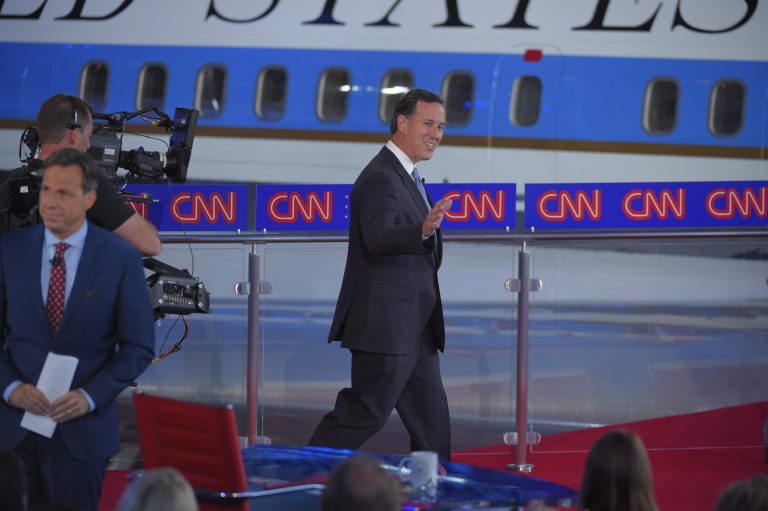 Republican presidential candidate, former Pennsylvania Sen. Rick Santorum takes the stage during the CNN Republican presidential debate at the Ronald Reagan Presidential Library and Museum on Wednesday, Sept. 16, 2015, in Simi Valley, Calif. (AP Photo/Mark J. Terrill)