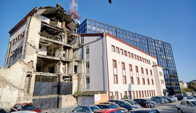 The bombed-out ruins of the Radio Television of Serbia building in Belgrade, Serbia, Oct. 20, 2020.
