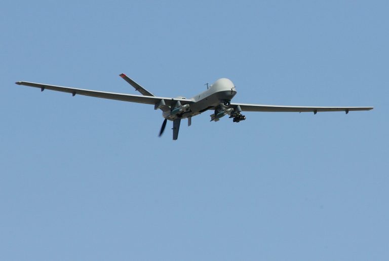 CREECH AIR FORCE BASE, NV - AUGUST 08:  An MQ-9 Reaper flies by on a training mission August 8, 2007 at Creech Air Force Base in Indian Springs, Nevada. The Reaper is the Air Force's first 