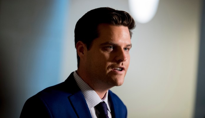 Rep. Matt Gaetz, R-Fla., speaks to reporters outside a closed door meeting where Catherine Croft, a State Department adviser on Ukraine, and Deputy Assistant Secretary of Defense Laura Cooper testify as part of the House impeachment inquiry into President Donald Trump on Capitol Hill in Washington, Wednesday, Oct. 30, 2019.