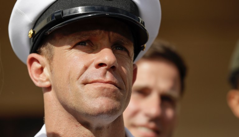 Navy Special Operations Chief Edward Gallagher leaves a military court on Naval Base San Diego, Tuesday, July 2, 2019, in San Diego. A military jury acquitted a decorated Navy SEAL of premeditated murder Tuesday in the killing of a wounded Islamic State captive under his care in Iraq in 2017.