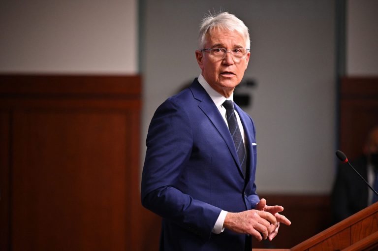 Los Angeles County District Attorney George Gascon speaks at a press conference on December 8, 2021, in Los Angeles, California. Gascon was joined by a group of district attorneys from around the country at the press conference called for the accomplishments of his first year in office. 