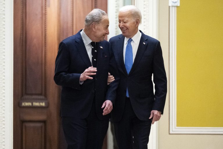 President Joe Biden and Senate Majority Leader Charles Schumer, D-N.Y., arrive for the Democrats senate luncheon in the U.S. Capitol on Thursday, March 2, 2023.