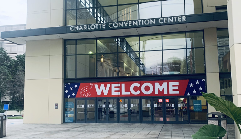 A welcome sign greets those attending the Republican meeting and convention activities in Charlotte, North Carolina on Aug. 21, 2020.