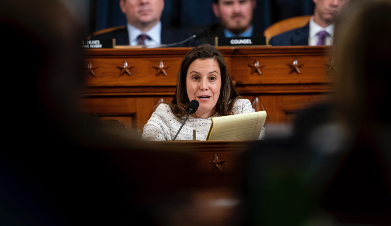 Rep. Elise Stefanik, R-N.Y., questions Deputy Assistant Secretary of Defense Laura Cooper, and State Department official David Hale, as they testify before the House Intelligence Committee on Capitol Hill in Washington, Wednesday, Nov. 20, 2019, during a public impeachment hearing of President Donald Trump's efforts to tie U.S. aid for Ukraine to investigations of his political opponents. (Erin Schaff/Pool Photo via AP)
