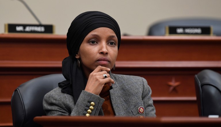 Rep. Ilhan Omar listens as Office of Management and Budget acting Director Russell Vought testifies before the House Budget Committee on Capitol Hill in Washington, Tuesday, March 12, 2019, during a hearing on the fiscal 2020 budget.