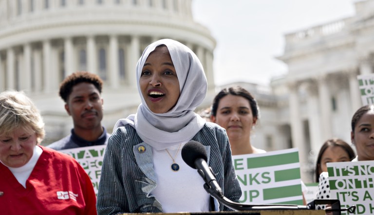 Representative Ilhan Omar, a Democrat from Minnesota, speaks during a news conference introducing the Inclusive Prosperity Act on Capitol Hill in Washington, D.C., U.S., on Wednesday, May 22, 2019.