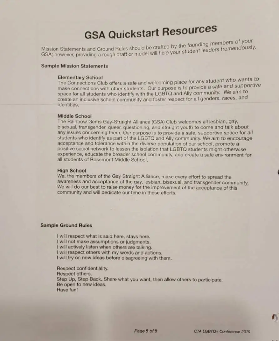 Packet suggesting LGTBQ+ clubs should be formed in elementary school
