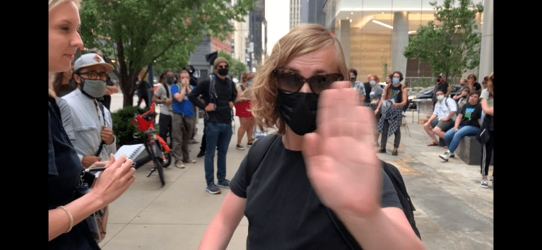 Antifa members protesting the Western Conservative Summit outside a Hyatt in downtown Denver