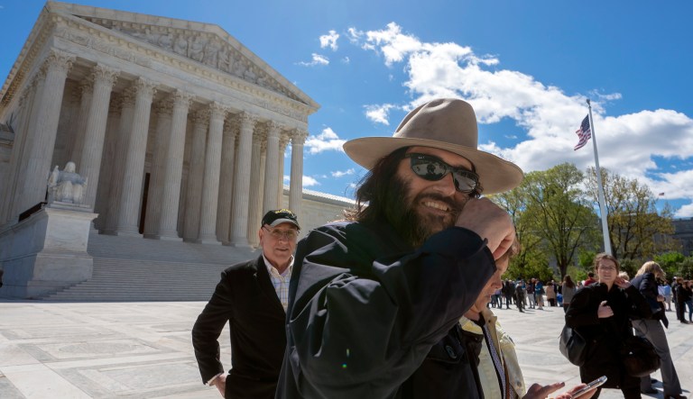 Los Angeles artist Erik Brunetti, the founder of the streetwear clothing company "FUCT," leaves the Supreme Court after his trademark case was argued, in Washington, Monday, April 15, 2019.