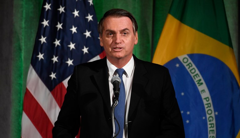 Brazilian President Jair Bolsonaro speaks at the Chamber of Commerce in Washington, Monday, March 18, 2019.