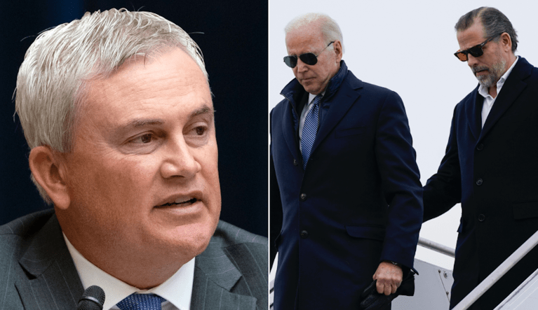 Rep. James Comer (R-KY), left, and President Joe Biden alongside his son Hunter Biden.
