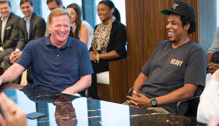 Commissioner of the NFL Roger Goodell and Jay-Z attend a press conference at ROC Nation on Wednesday, Aug. 14, 2019 in New York.