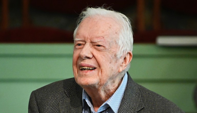 Former President Jimmy Carter leads a morning devotion for volunteers at a Habitat for Humanity building project Monday, Oct. 7, 2019, in Nashville, Tenn. Carter fell at his home on Sunday, requiring over a dozen stitches, but he did not let his injuries keep him from participating in his 36th building project with the nonprofit Christian housing organization. He turned 95 last Tuesday, becoming the first U.S. president to reach that milestone. 