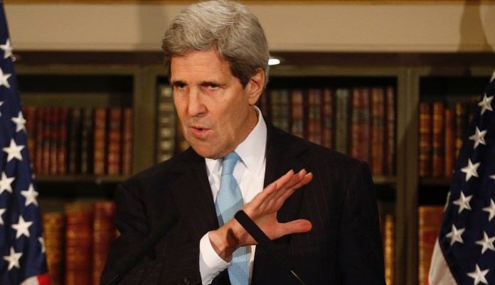 U.S. Secretary of State John Kerry speaks to the media during a press conference in London after his meeting with Russian Foreign Minister Sergey Lavrov, Friday, March 14, 2014. Kerry arrived in London Friday, for his last meeting with Russian Foreign Minister Sergey Lavrov before the Crimea vote.