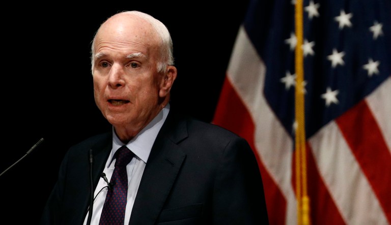 Sen. John McCain, R-Ariz., delivers remarks at the U.S. Naval Academy in Annapolis, Md., Monday, Oct. 30, 2017.