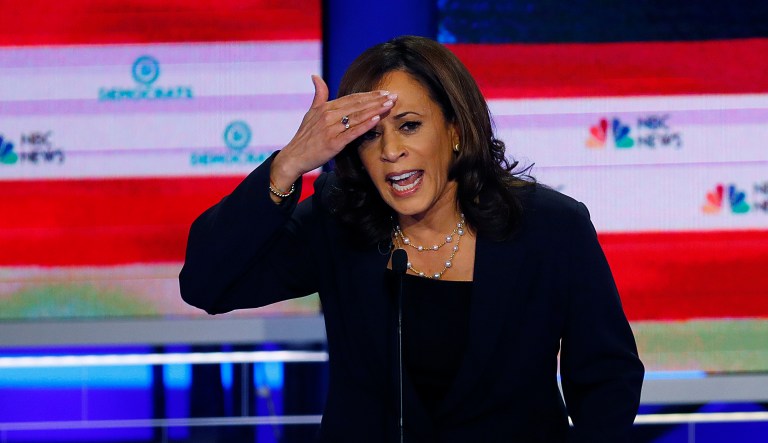 Democratic presidential candidate Sen. Kamala Harris, D-Calif., gestures during the Democratic primary debate hosted by NBC News at the Adrienne Arsht Center for the Performing Art, Thursday, June 27, 2019, in Miami.