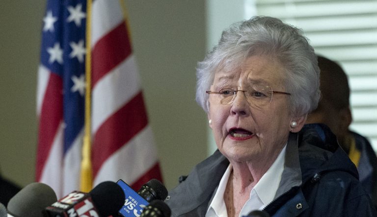 FILE - In this March 4, 2019 file photo Alabama Gov. Kay Ivey speaks at a news conference in Beauregard, Ala. Alabama Gov. Kay Ivey said Friday, Aug. 23, 2019 that officials will continue to look at ways to eliminate, or at least reduce, tolls of up to $6 on a proposed Mobile bridge. AP Photo/Vasha Hunt, File