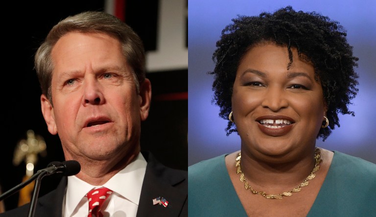 The candidates in Georgia's 2018 gubernatorial election, Republican Brian Kemp (left) and Democrat Stacey Abrams (right), are pictured.