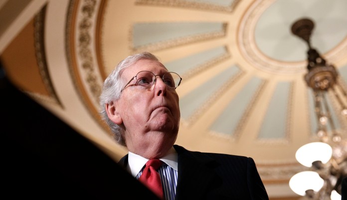 Senate Majority Leader Mitch McConnell of Ky., pauses while speaking to the media after a weekly policy luncheon, Tuesday, July 16, 2019, in Washington. "Everybody ought to tone down their rhetoric," said McConnell.