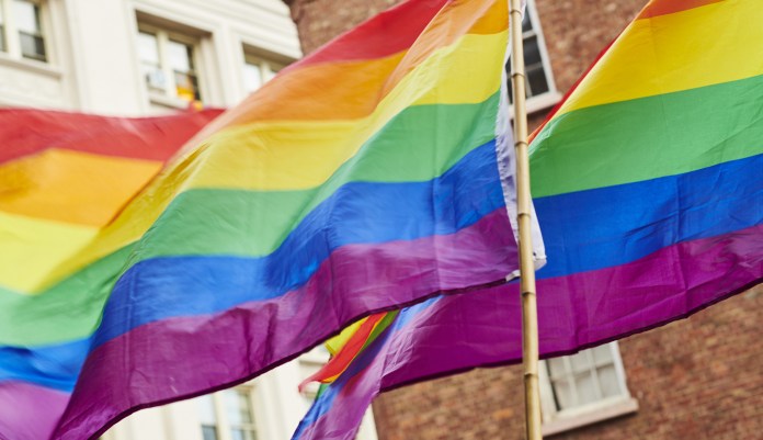Attendees wave rainbow pride flags during a Stonewall Inn 50th anniversary commemoration rally in New York, U.S., on Friday, June 28, 2019.