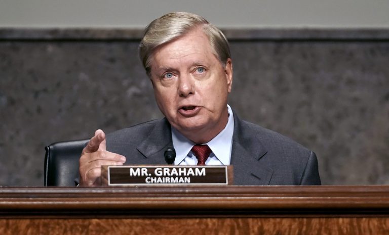 Senate Judiciary Committee Chairman Lindsey Graham (R-S.C.) gives an opening statement during a Senate Judiciary Committee hearing to discuss the FBI's "Crossfire Hurricane" investigation with former Deputy Attorney General Rod Rosenstein on Wednesday, June 3, 2020.