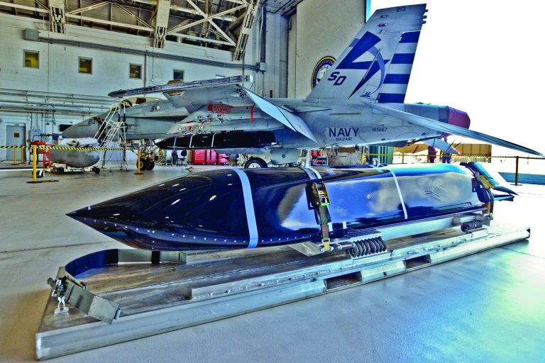 A Long Range Anti-Ship Missile waits to be integrated onto a F/A-18 fighter jet at Naval Air Station Patuxent River, Maryland, August 2005.