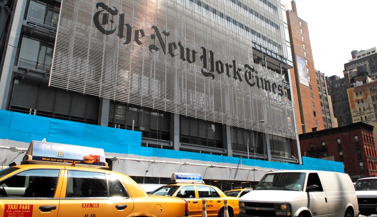 Traffic drives past the New York Times Building in New York on July 11, 2007. 