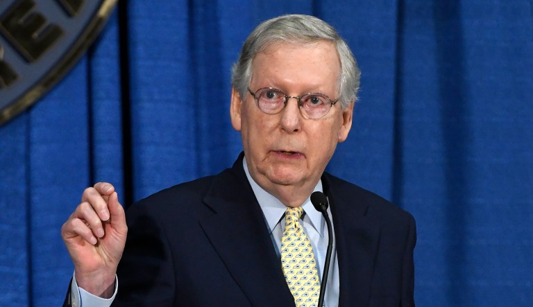 Senate Majority Leader Mitch McConnell of Ky. speaks during the Kentucky Farm Bureau Country Ham Breakfast, Thursday, Aug. 24, 2017, in Louisville, Ky. 
