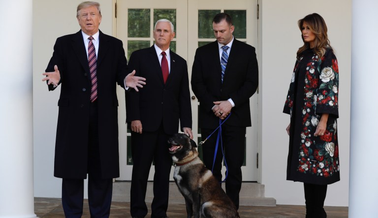 President Donald Trump welcomes Conan, a military dog, to the White House. 