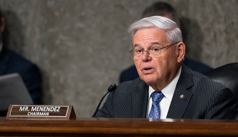 Democratic Sen. Bob Menendez leaves after a stop at a senior living facility in Bloomfield, New Jersey.