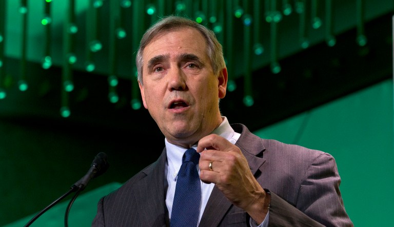 FILE - In this Jan. 24, 2019, file photo Sen. Jeff Merkley, D-Ore., speaks during the U.S. Conference of Mayors meeting in Washington. Democrats hoping to unseat President Donald Trump in 2020 are dancing with the freshman stars these days in an unprecedented pursuit of still-green lawmakers in an institution driven by seniority.